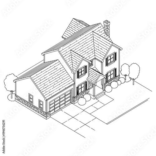 Isometric sketch of a two-story suburban house with attached garage and garden