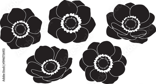 Black Solid Anemone Wind Flower Silhouettes Set of Six