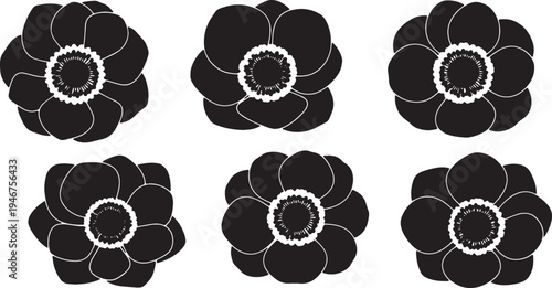 Black Solid Anemone Wind Flower Silhouettes Set of Six
