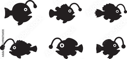 Black Solid Anglerfish Silhouettes Set of Six on White Background