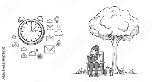 Cartoon alarm clock with icons and a person sitting under a tree.
