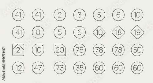 Collection of Stamped Numbers in Circles and Shapes.
