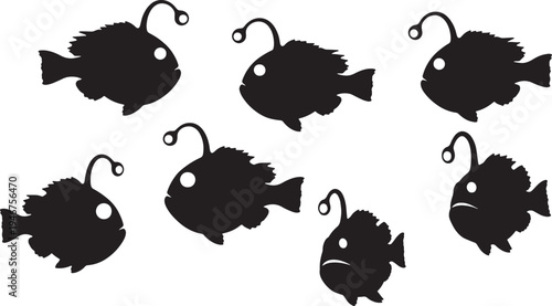 Black Solid Anglerfish Silhouettes Set of Six on White Background