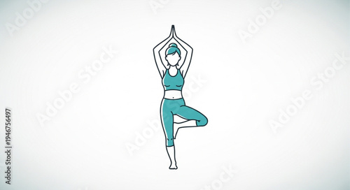 Woman performing yoga tree pose on white background.