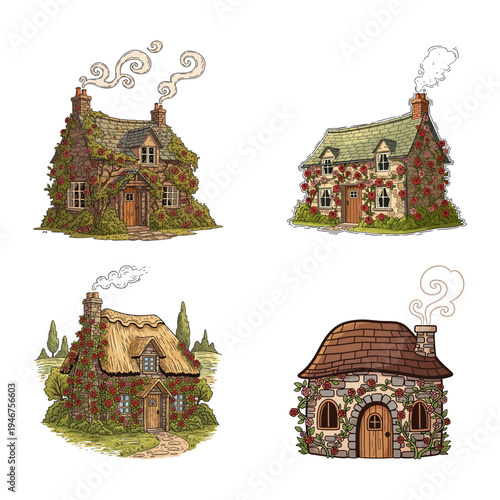 Whimsical illustrations of charming quaint houses with rustic appeal