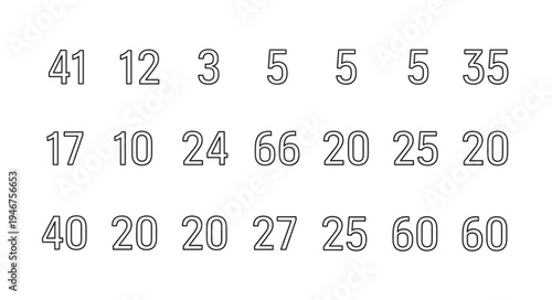 Collection of Numbers in Rows on White Background.