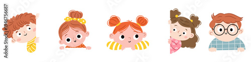 A set of cute flat vector illustrations. Cute girls and boys peek out from behind banners. Simple children's style. Vector illustration