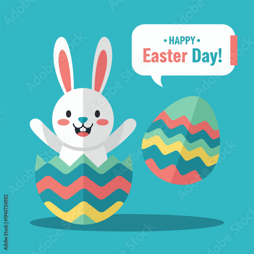 A cute cartoon easter bunny on a colorful eggs and happy spring holiday vector illustration