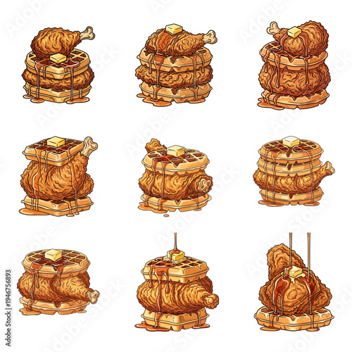 Whimsical animated stack of pancakes with playful turkey toppings in various poses