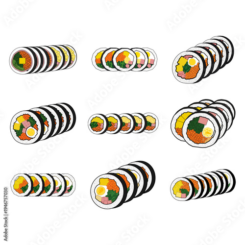 Colorful and diverse assortment of illustrated sushi rolls in various styles