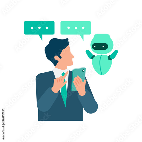 Businessman in suit using smartphone to consult with AI for emergency BCP response and remote policy, professional male employee managing business continuity during energy crisis and extreme heat