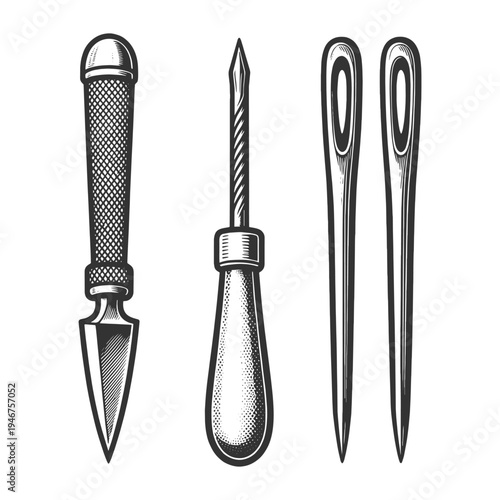 leatherworking tools including an awl and stitching needles, traditional leather craft, hand sewing, and artisan workshop tools sketch engraving generative ai vector illustration. Black and white.