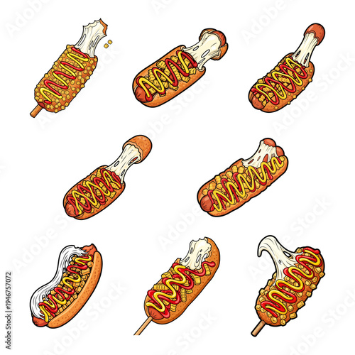 Creative illustrations of hot dogs with diverse toppings and buns