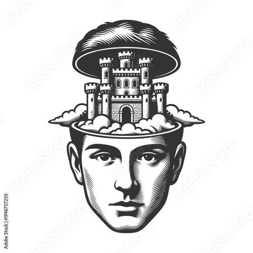 human head opened to reveal a castle inside, symbolizing imagination, thoughts, creativity, and inner world sketch engraving generative ai vector illustration. Scratch board. Black and white image.