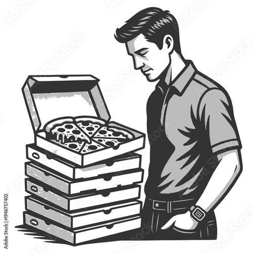 frustrated man staring at multiple pizza boxes sketch engraving generative ai fictional character vector illustration. Scratch board imitation. Black and white image.