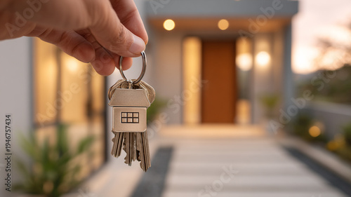 hands holding a set of house keys with a stylish home-shaped keychain in front of a newly opened home door, warm inviting lighting, modern architecture, real estate purchase concept
