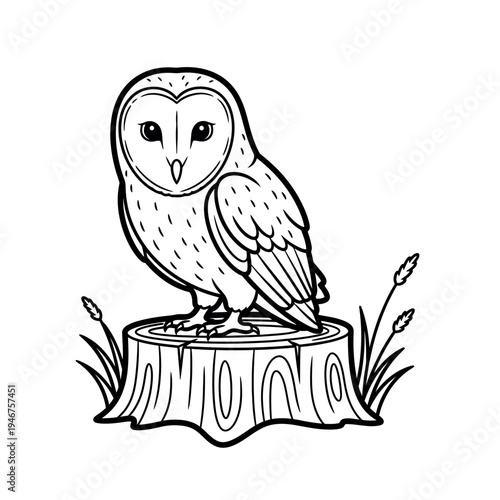 A black and white illustration of an owl perched on a tree stump