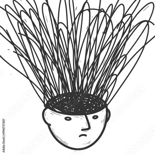 human head with chaotic tangled lines emerging from the mind, overthinking, mental stress, confusion, and psychological turmoil sketch engraving generative ai vector illustration. Black and white.