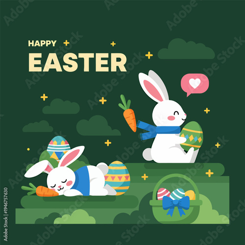 Happy easter day with rabbit and eggs, vector illustration
