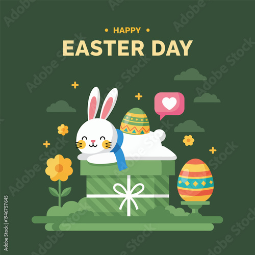 Happy easter day with rabbit, eggs, and gift box, vector illustration