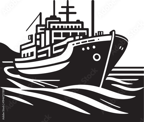 A vintage-style cargo ship sailing on wavy waters near a dark coastline. Vector