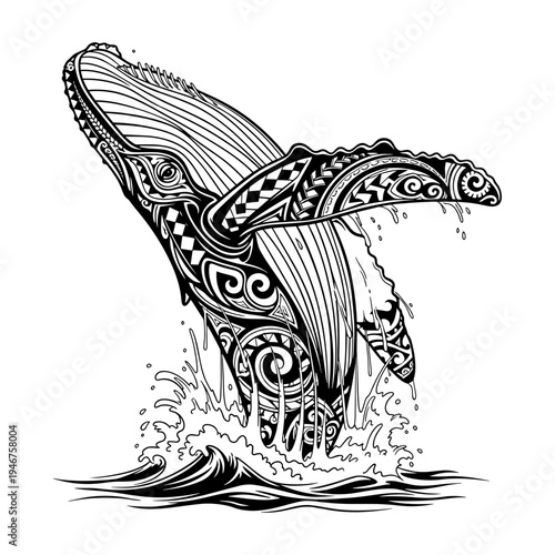 Intricate tattoo art of a breaching whale with ornate tribal patterns on its body