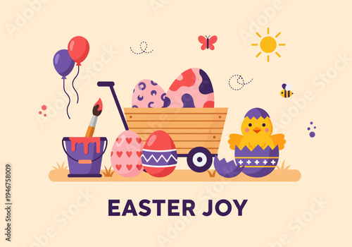 A happy easter joy vector illustration features a sweet celebration easter day design with colorful balloons and eggs decorations