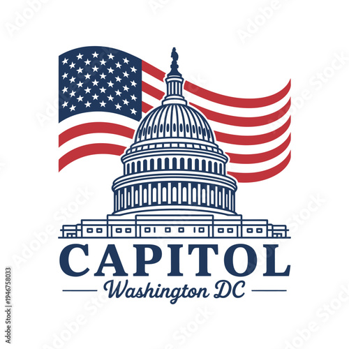 American flag waving behind US Capitol building Washington DC illustration