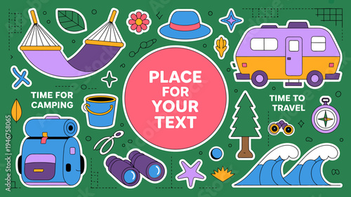 Colorful travel and camping icons on green background for web design