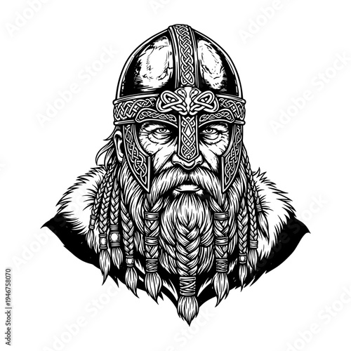 A viking warrior wearing an ornate helmet and fur cloak