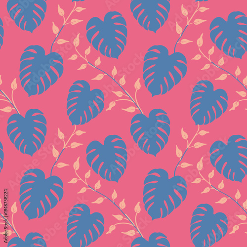 Tropical monstera leaves and branches on pink background for decoration and design