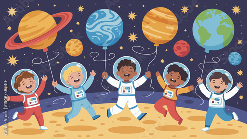 Diverse astronauts celebrating on moon with planets and stars in space background