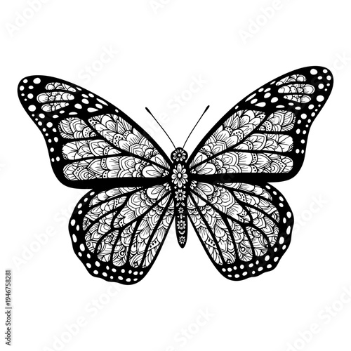 Intricate black and white line drawing of an elegant monarch butterfly in detailed flight pose