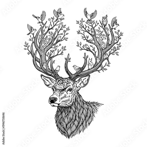 Majestic deer with intricately branched antlers and birds perched among the foliage