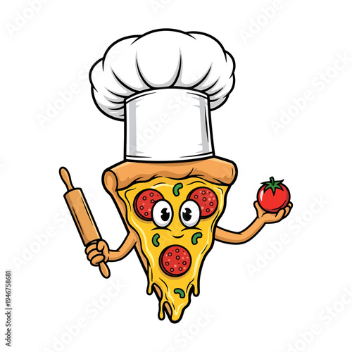 Chef pizza character holding a rolling pin and a tomato