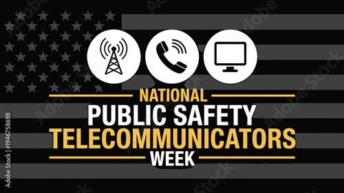 National Public Safety Telecommunicators Week American flag background with communication icons