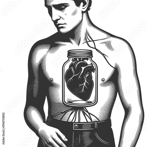 man with a glass jar in his chest containing an anatomical human heart sketch engraving generative ai fictional character vector illustration. Scratch board imitation. Black and white image.