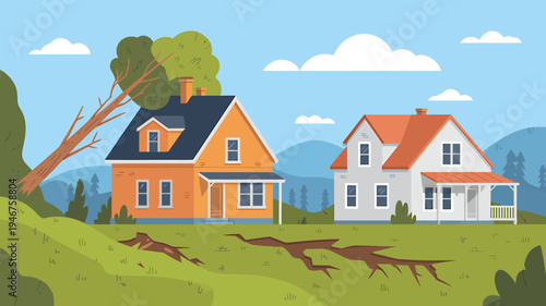 Cartoon houses on green hill with fallen tree and mountains in the background scene
