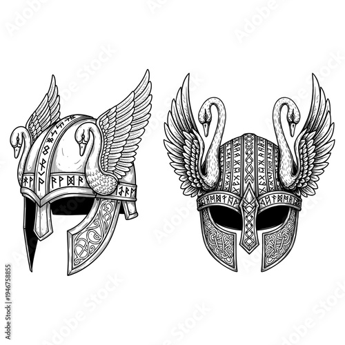 Intricate viking helmets with winged designs and ornate patterns