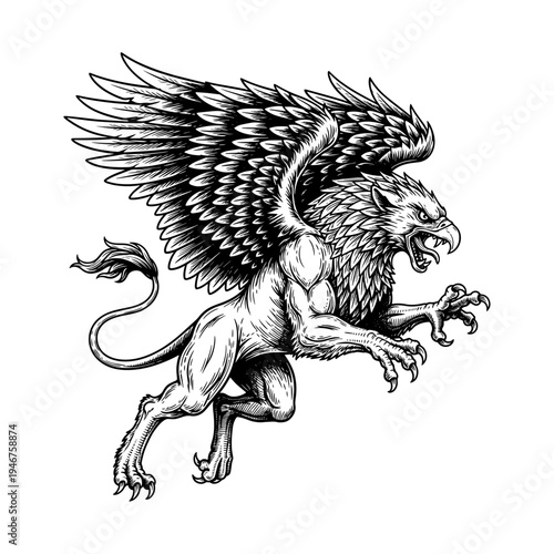Mythical griffin with majestic wings and fierce lion body