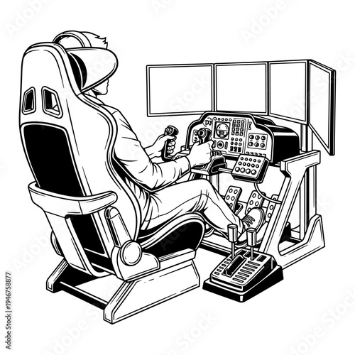 Astronaut in advanced cockpit simulator engaging with control panels and displays