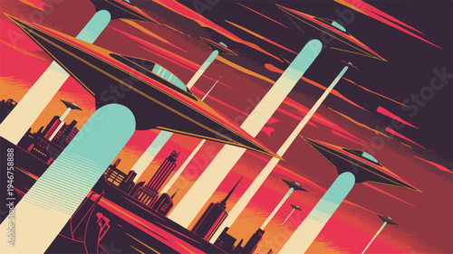 Retro futuristic cityscape with sleek skyscrapers and neon lights at dusk abstract vector art poster