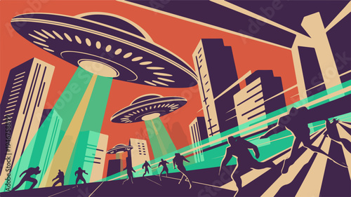Vintage inspired vector art poster of people running from ufos in a futuristic cityscape at sunset with orange and green hues