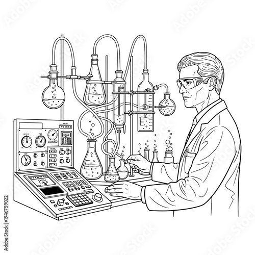 Scientist conducting experiments in a vintage laboratory setting