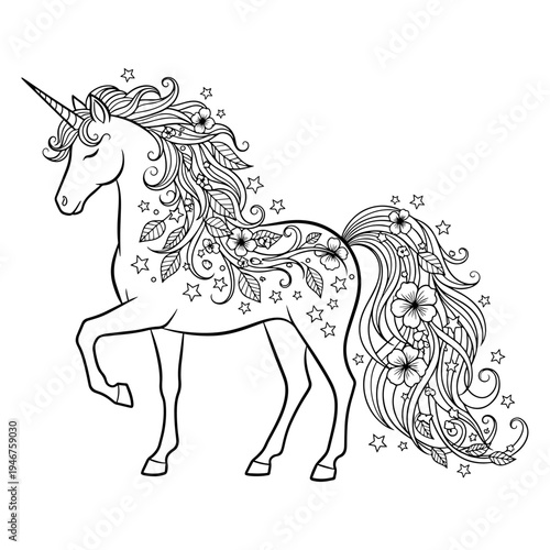 Elegant unicorn with intricate floral and star patterns in a detailed black and white sketch