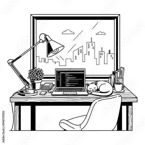 A cozy workspace featuring a programmer with a cat beside a laptop and city view.