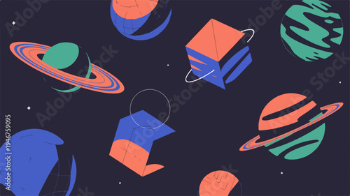 Vibrant vector illustration of planets books and abstract shapes in space with a dark blue background and colorful orange green and blue hues conveying a sense of learning