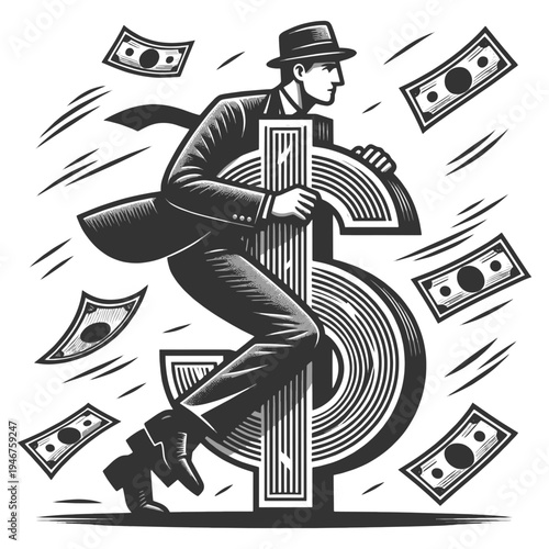 businessman riding a large dollar symbol with flying banknotes, financial success, capitalism, profit, and economic power sketch engraving generative ai vector illustration. Black and white image.
