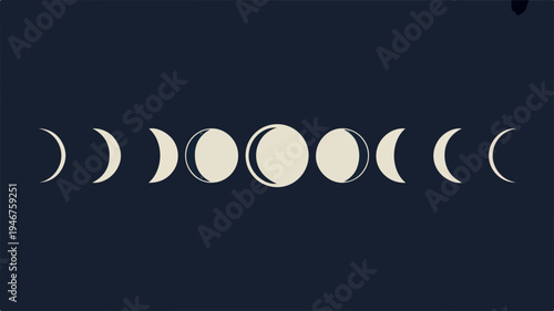 Vector illustration showcasing lunar cycle phases on a dark background with eight distinct moon shapes