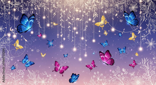 Colorful butterflies fly in magical purple sky with sparkling lights and snowflakes